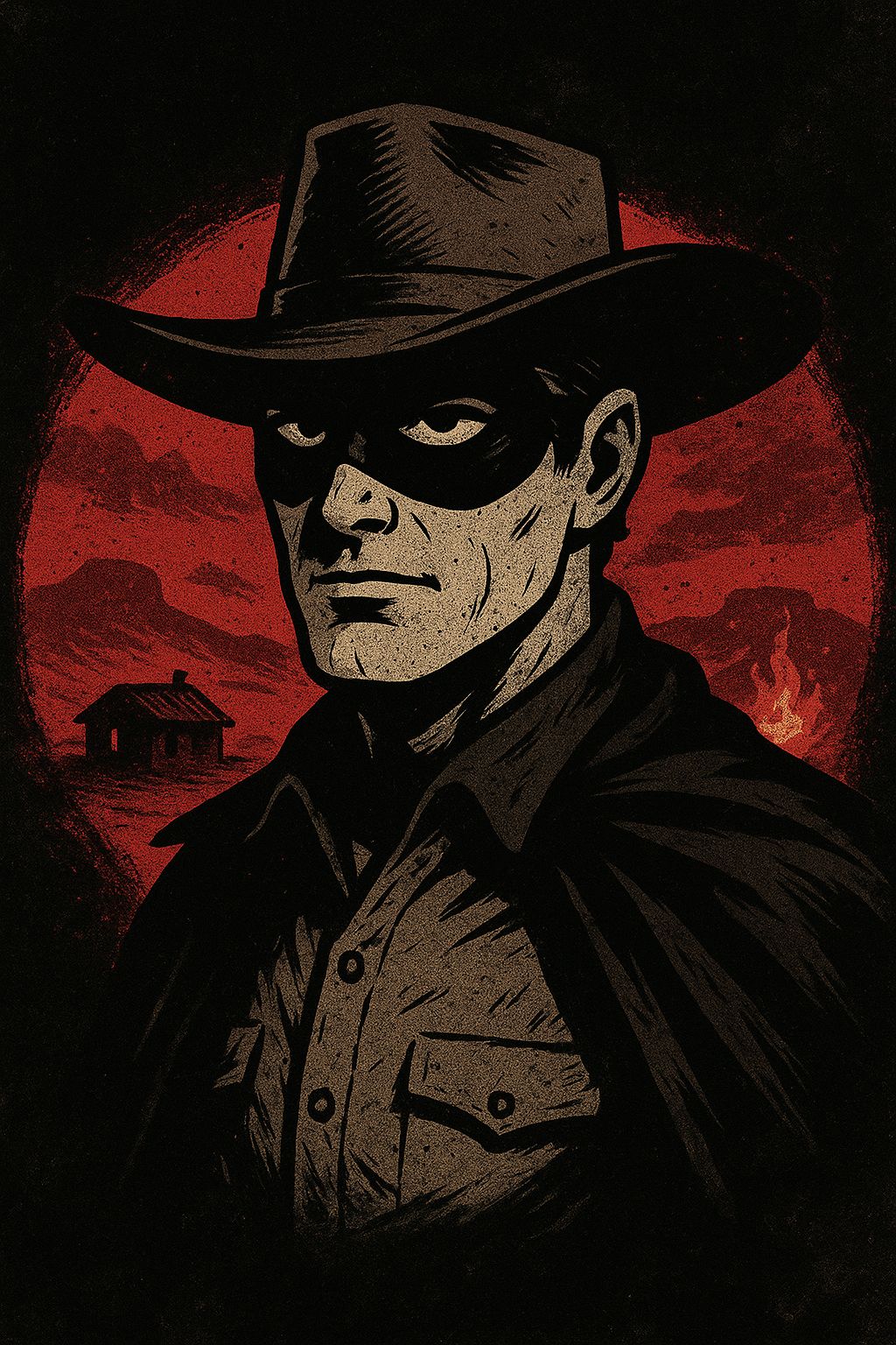 Illustrated portrait of a masked rider in a wide-brimmed hat and dark coat, set against a red desert sun with a lone cabin and a small fire on the horizon.